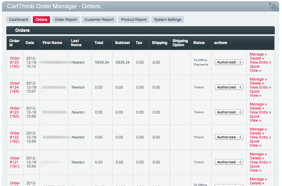 Standard order report view.