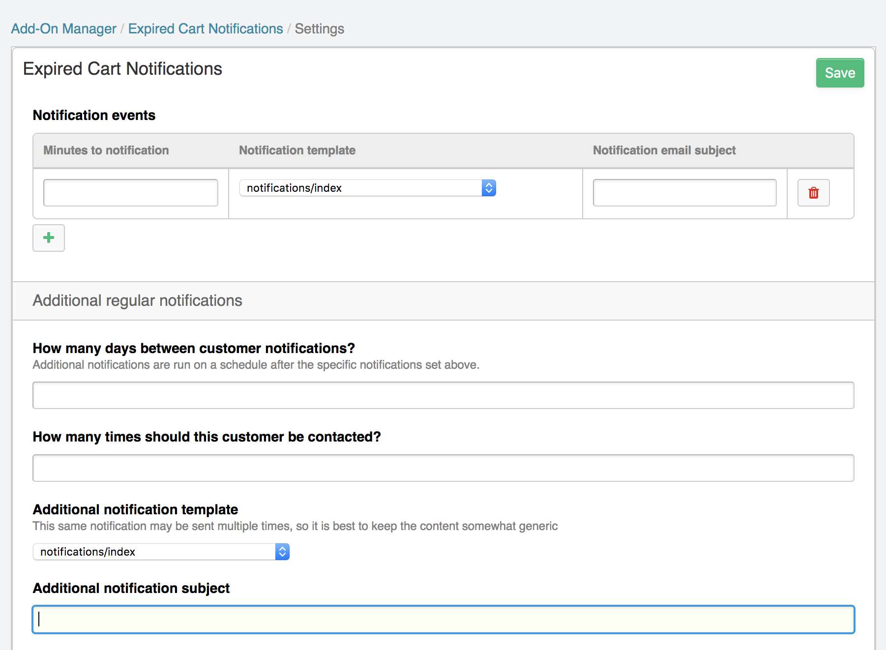 CartThrob Expired Cart Notifications Settings.