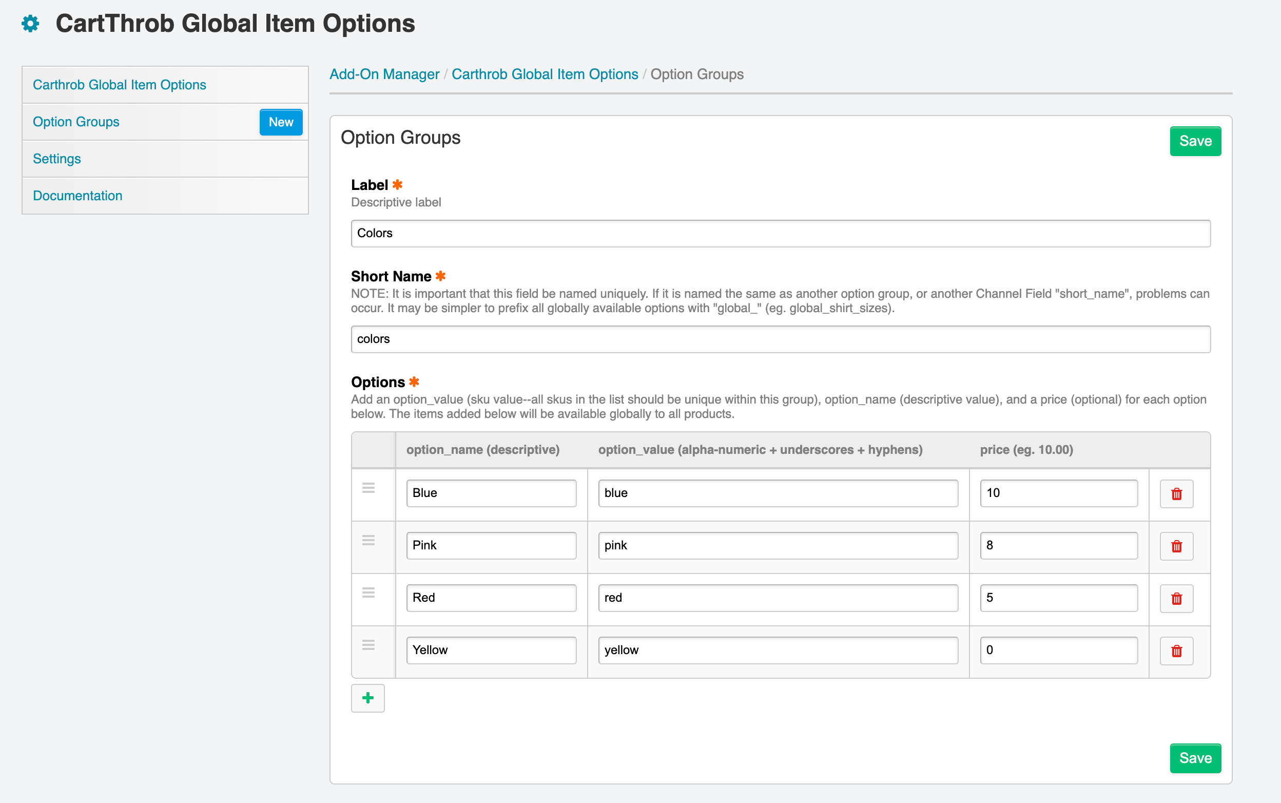 Editing an option group settings page