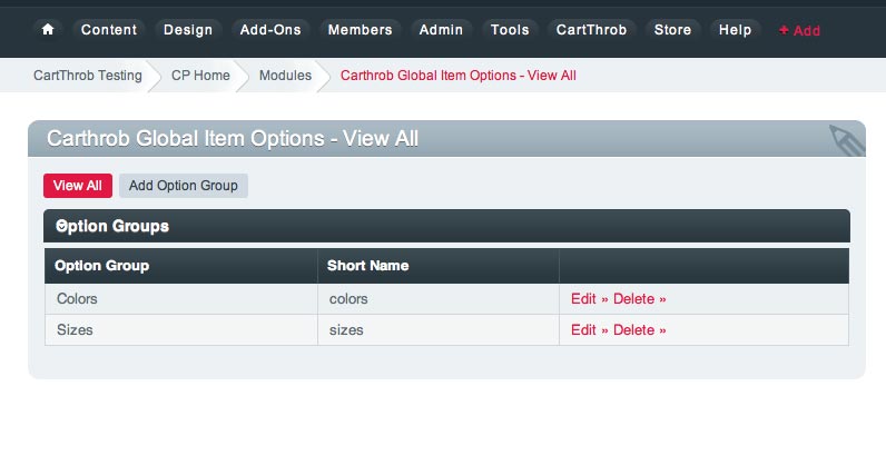 Main Panel Settings & list of available option groups
