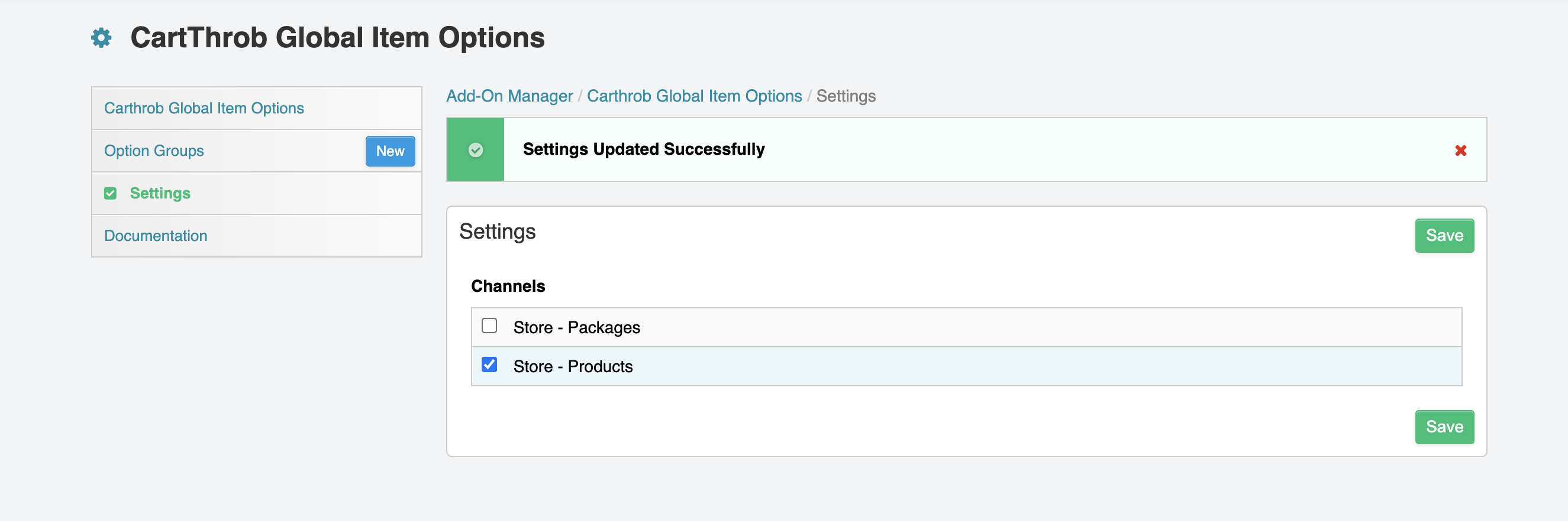 Main Panel Settings & list of available option groups