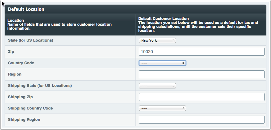 Default Customer Location Screen